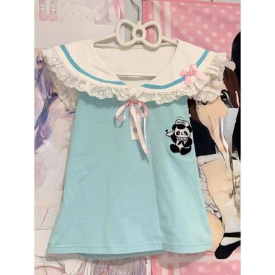 Kawaii Sweet Patchwork Lace T Shirts Women Japanese Fashion Y2k Harajuku Bow Cartoon Embroidery Slim Tees Tops Soft Girl