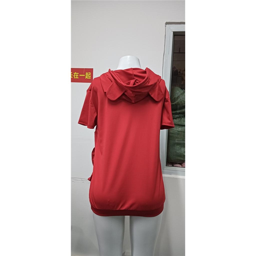 Women's fashionable loose large pocket pocket summer short-sleeved hooded T-shirt