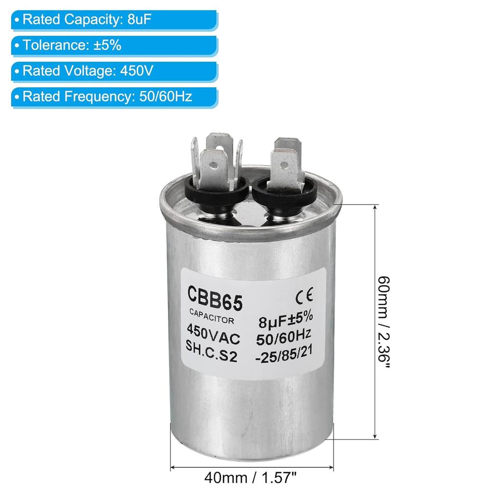 PATIKIL 8uF 8MDF 450VAC Fan Start Capacitor, CBB65 Circular Run Capacitor for Air Conditioner Cool Heat Pump Condenser Straight