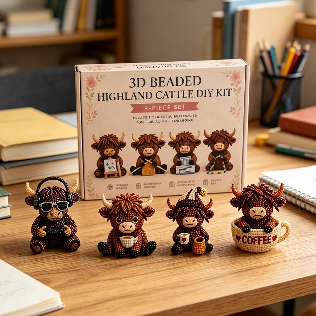 3D Beaded Highland Cattle DIY Kit 4-Piece Set Handmade Craft Kit Includes Detailed Instructions for Creating Small Decorative Figurines