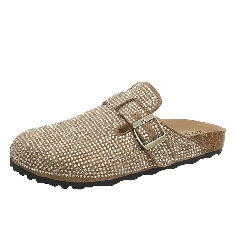 

Модные женские мюли на плоской подошве, со стразами, закрывающие носок, шлепанцы женские на один шаг, модные ретро туфли для платья, весна-осень, Zapatillas De Mujer 40 хаки
