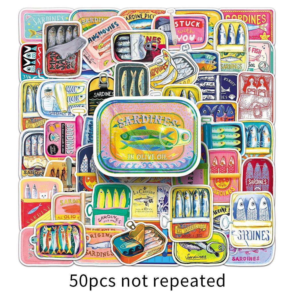 50 Hand-Painted Saury Stickers for Food, Graffiti, Refrigerator, and Phone Case Decoration - Waterproof and Creative.