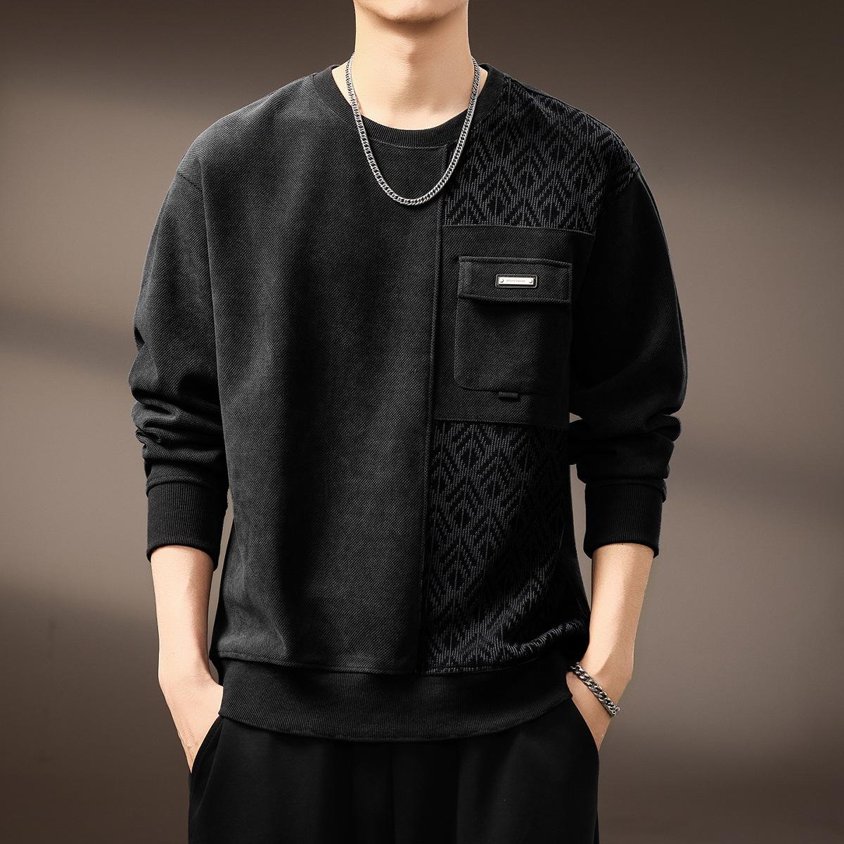 Premium Men s Retro Jacquard Wool Patchwork Hoodie - Autumn 2025 Trendy Heavyweight Round Neck Top XL fits 140-160 lbs