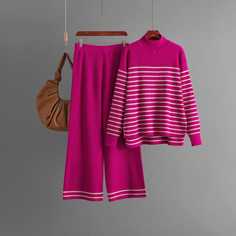 

Осенне-зимний свободный свитер-пуловер с высоким воротником, женский полосатый трикотажный комплект из двух предметов с длинными рукавами и широкими брюками One Size розы красного