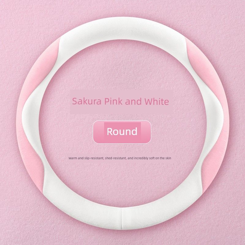 

and Winter Milk Velvet Dirt-Resistant, Breathable, Sweat-Absorbent, Non-Slip Cartoon Car Steering Wheel Cover, Light Luxury High-End Handle Cover Sakura Pink and White(Round or D Shape)