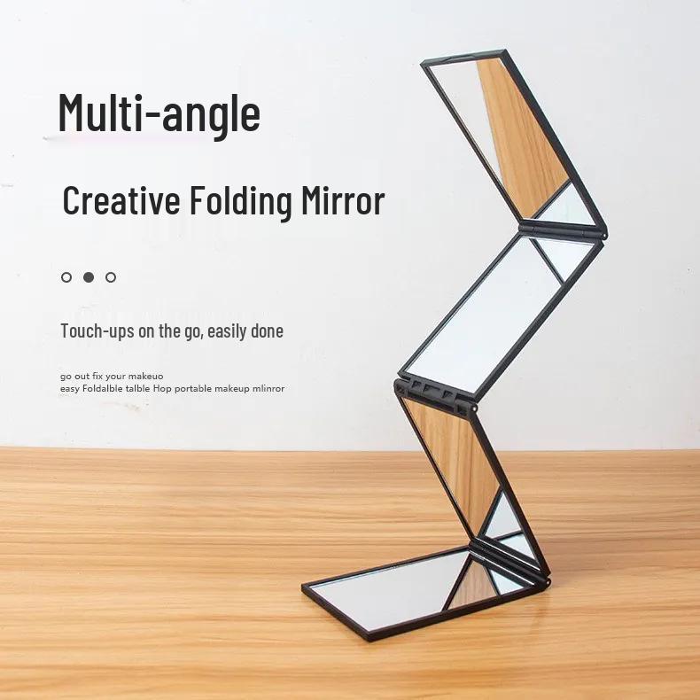 Portable Multi-Angle Three-Fold Makeup Mirror with Telescopic Stand