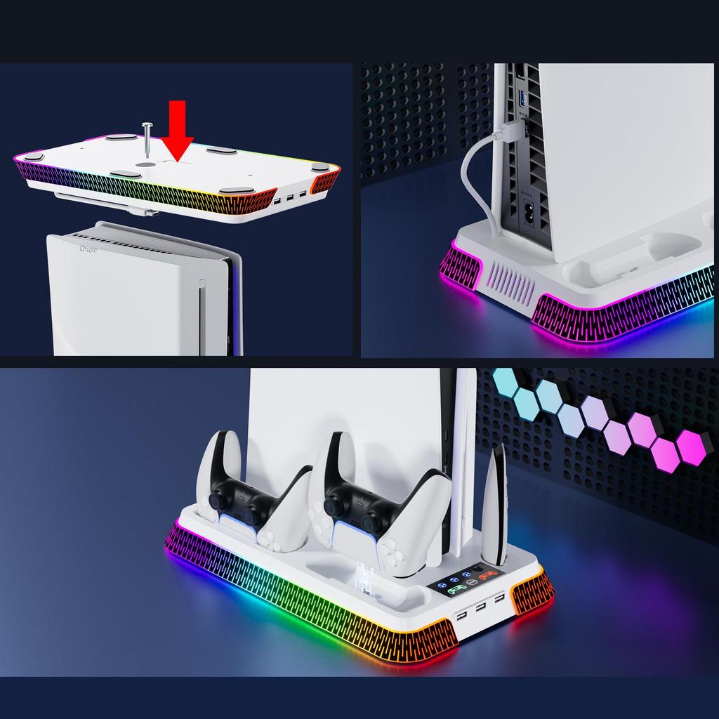 PS5 Multi-Function Cooling Base with Colorful Controller Charging Station for PS5 Pro and PS5 Slim