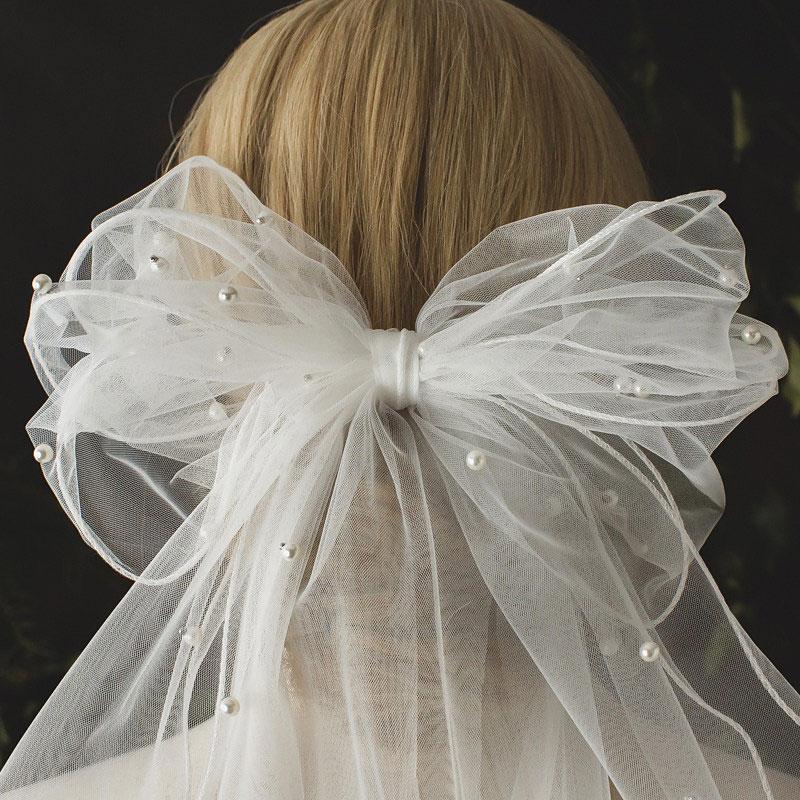 1Pc Chiffon Versatile Bow Hair Clip Bride Pearl Sweet Netting Hair Clip Veil