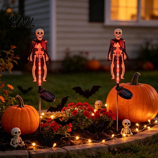 Outdoor Spooky Garden Ornament Solar Halloween Bat Lights, Realistic Skeleton Pathway Decor, Waterproof LED Strange Green Light Props Stake