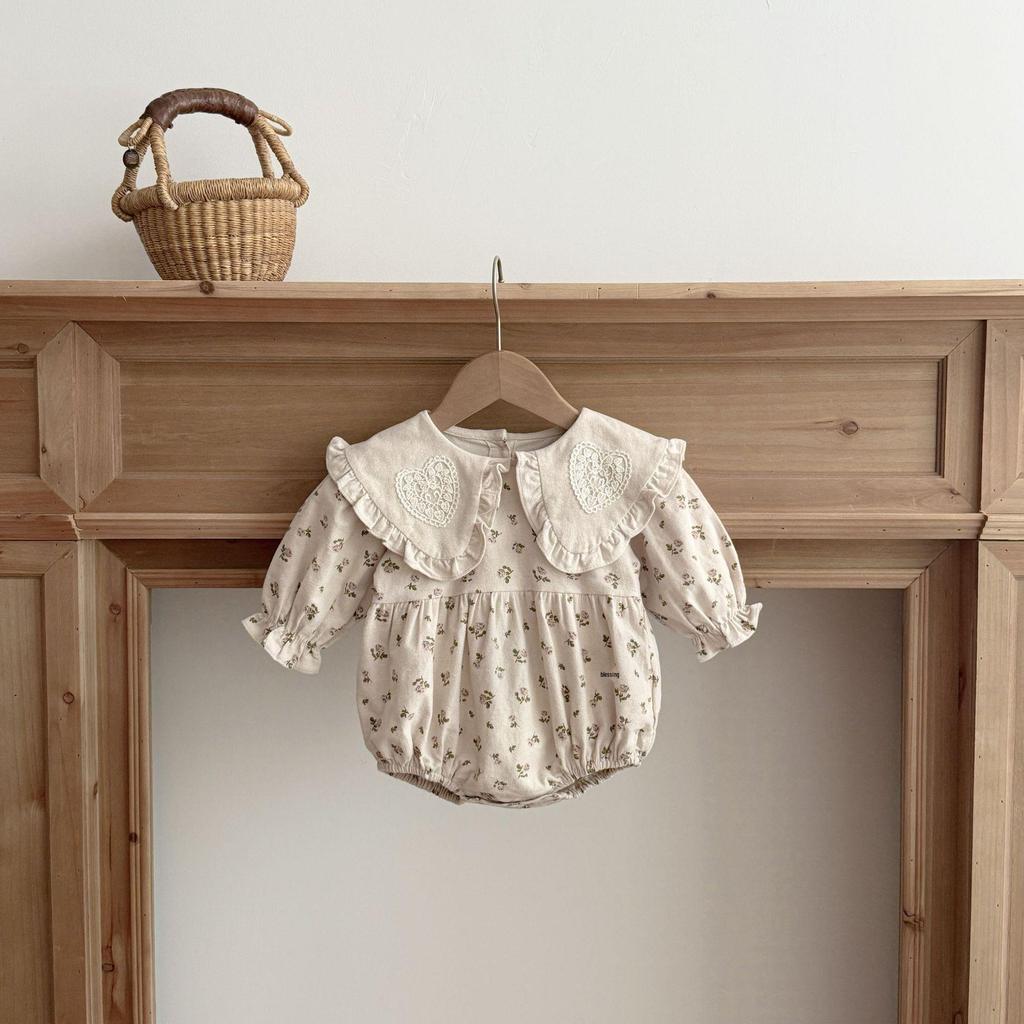 Korean Style Floral Long Sleeve Princess Dress & Baby Romper Set for Girls