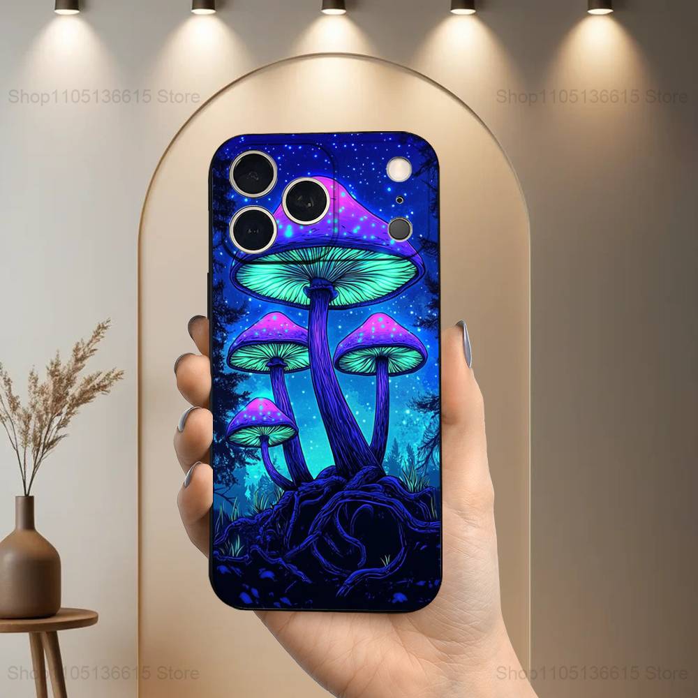 Trippy Plant Mushroom Case For iPhone 12,14,15,16,17,13,11,X,Mini,Plus,Pro Max,8,7,XR,SE,XS,Soft Silicone Black