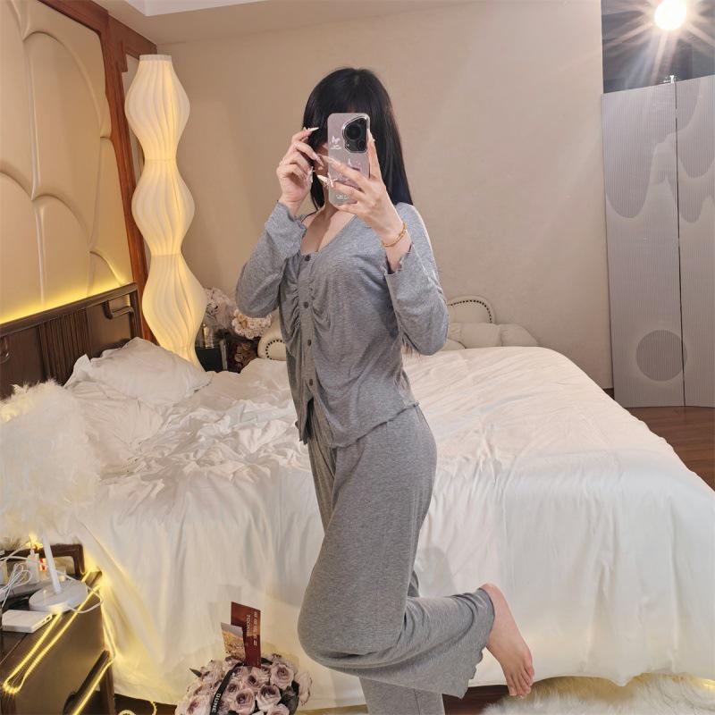 Modal Women's One-Piece Pajama Set with Built-In Bra - Long Sleeve, High-End, Home & Outdoor Wear for Spring & Autumn