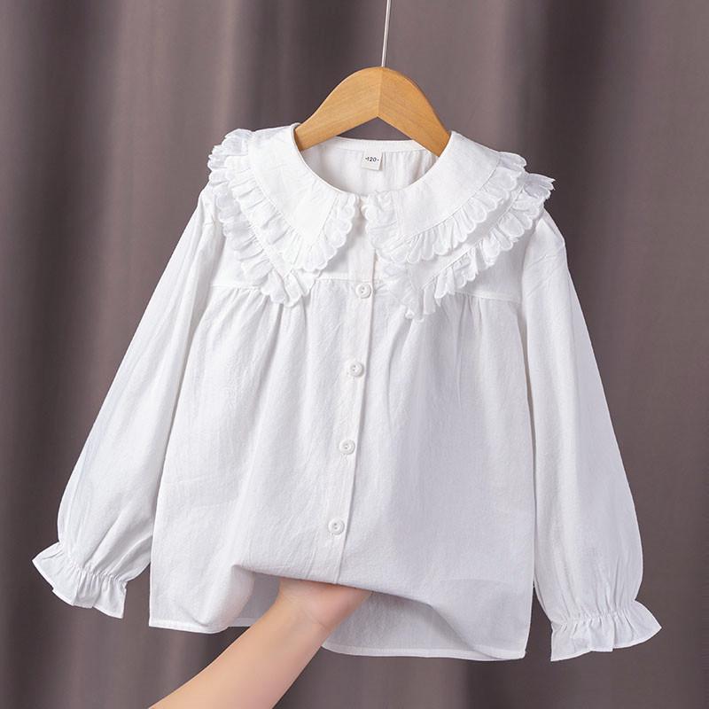 2024 Spring/Autumn Girls' White Cotton Shirt, Turn-Down Collar, Fashionable Student Top