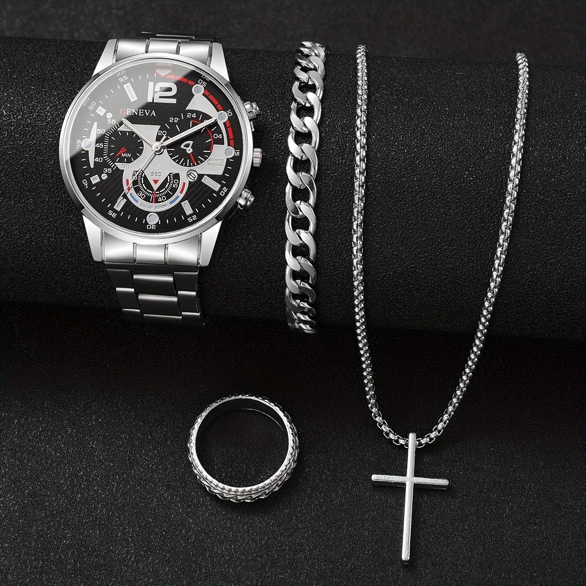 

4 шт.-Мужской модный набор, Повседневные кварцевые часы с календарем, Ожерелье с крестом, Кольцо и Браслет - Идеальный подарок для него серебряный