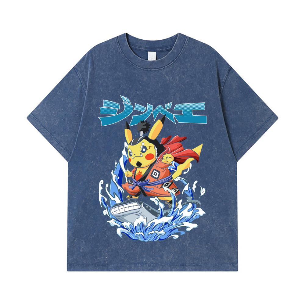 275 GSM Washed T-shirts 100% Cotton Pokemon V11 Jimbei Pikachu Print Unisex Heavy Cotton T Shirt