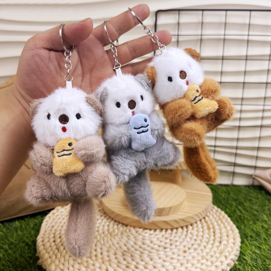 Cute Otters Holding Fish Plush Toy Keychain Backpack Keyrings Bag Pendant