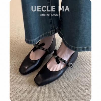 Super Soft Lambskin French Single Shoes Women's Flat Bow Light Mouth Ballet Shoes Small Square Head Retro Mary Jane Shoes