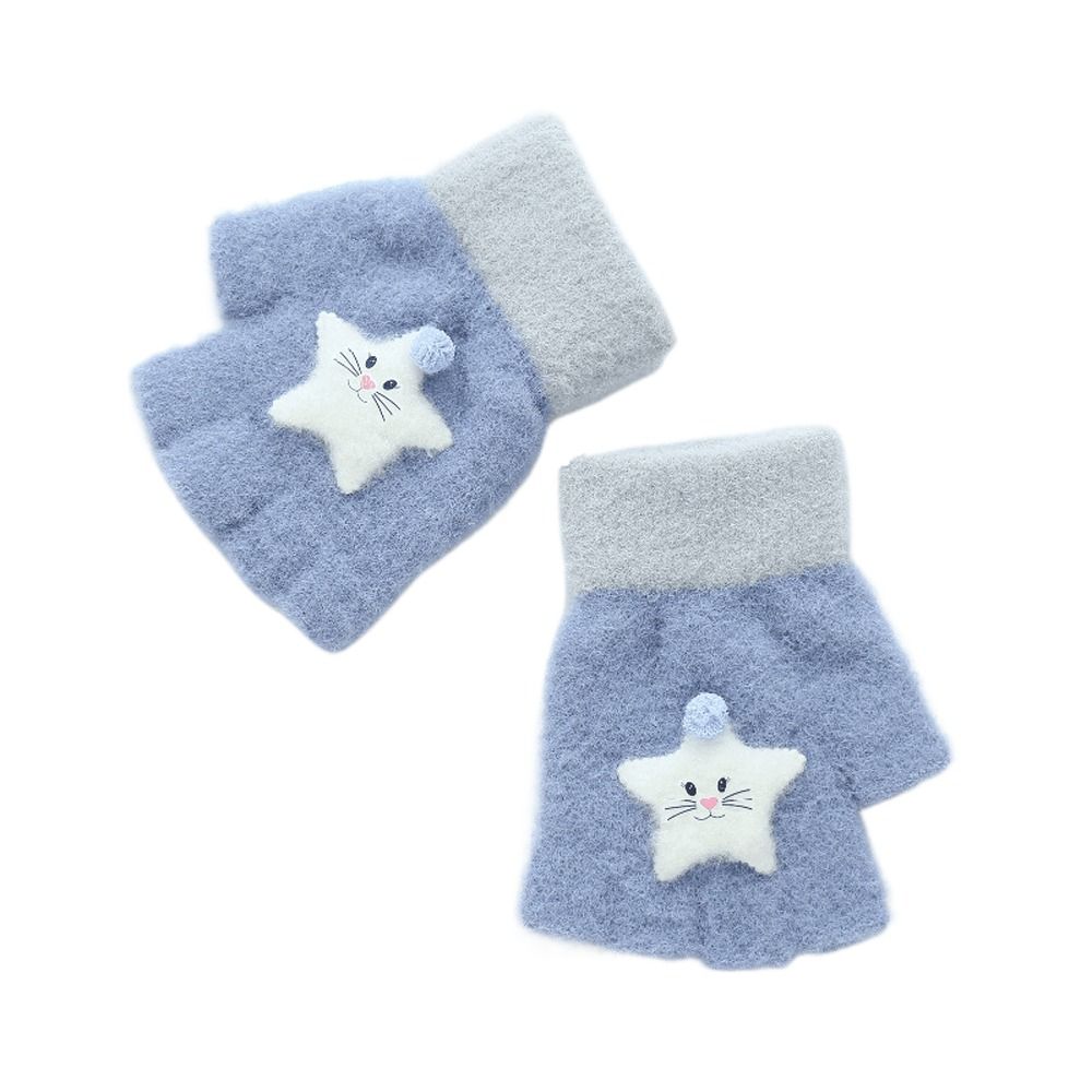 Cute Thicken Half Finger Knitted Cat Star Kids Outdoor Gloves Korean Mittens Children Winter Gloves