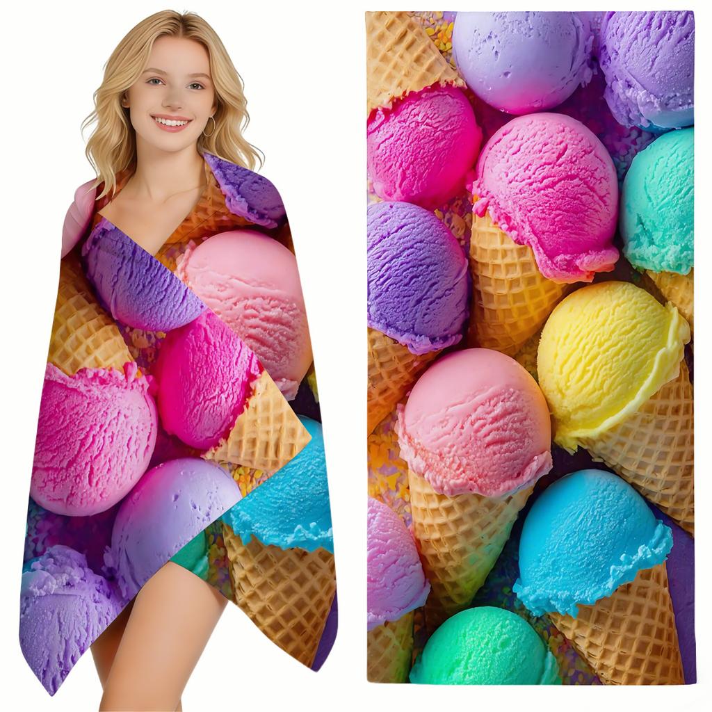 1Pc Ultra-Fine Fiber Beach Towel, Ice Cream Cone Themed Printed Bath Towel, Anti Sand, Quick Drying, Absorbent Swimming Towel,