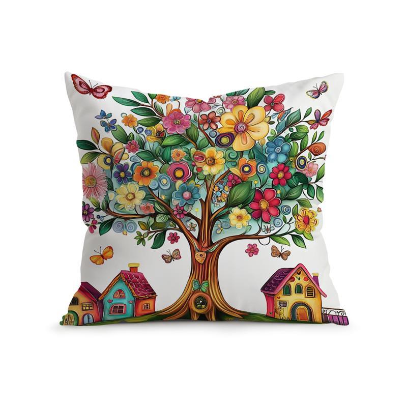 Colorful Trees Houses Pillowcase Printed 100% Polyester 45X45Cm Throw Pillowcover Decorative Sofa Cushion Pillowslip Home Decor