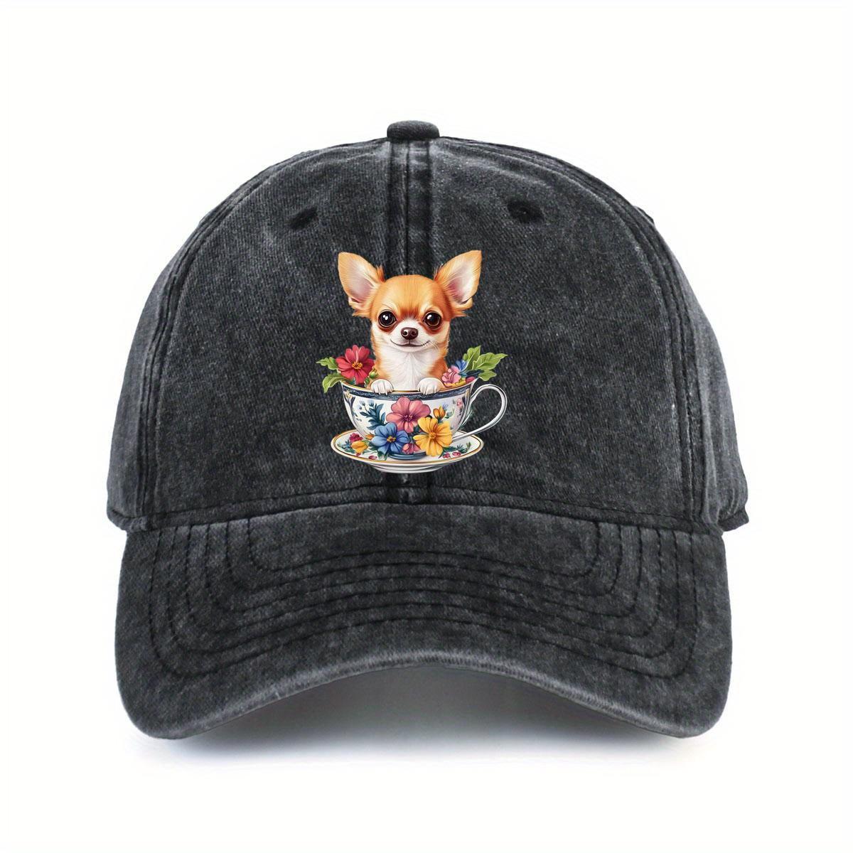 

Cute Chihuahua in Floral Cup Print Cotton Baseball Cap Adjustable Soft Sun Protection Casual Hat for Adults One Size