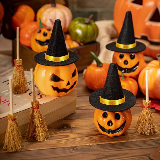 12Pcs Mini Witch Hat And Broom Crafts Halloween Party Decorations Reusable Black Hats Festive Home Party Ornaments