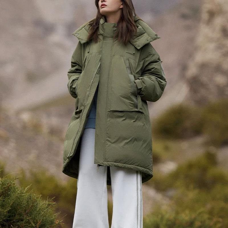 Li Ning CF Adventure Series Casual Solid Color Hooded Water-Resistant Loose Long Down Jacket Unisex Outerwear Muddy-Olive-Green AYMT279-2