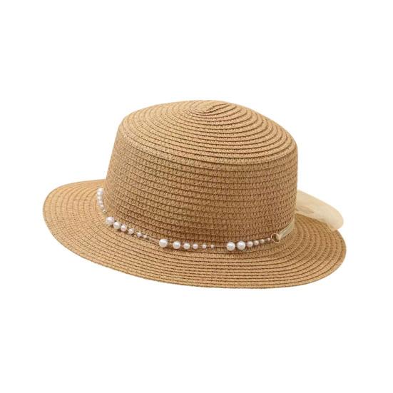 Beach Hat Wide Brim Flat Top Imitation Pearls Trim Tulle Bow Decor Straw Hat Lightweight Breathable Sun Protection Hat
