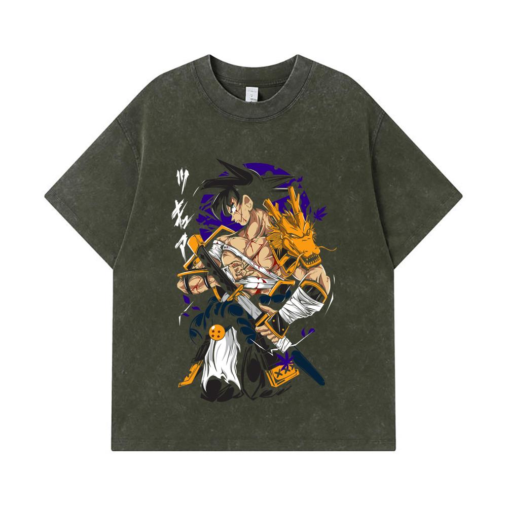 

275 GSM Washed T-shirts 100% Cotton Dragon Ball V68 Goku Samurai Print Unisex Heavy Cotton T Shirt S армия зеленый