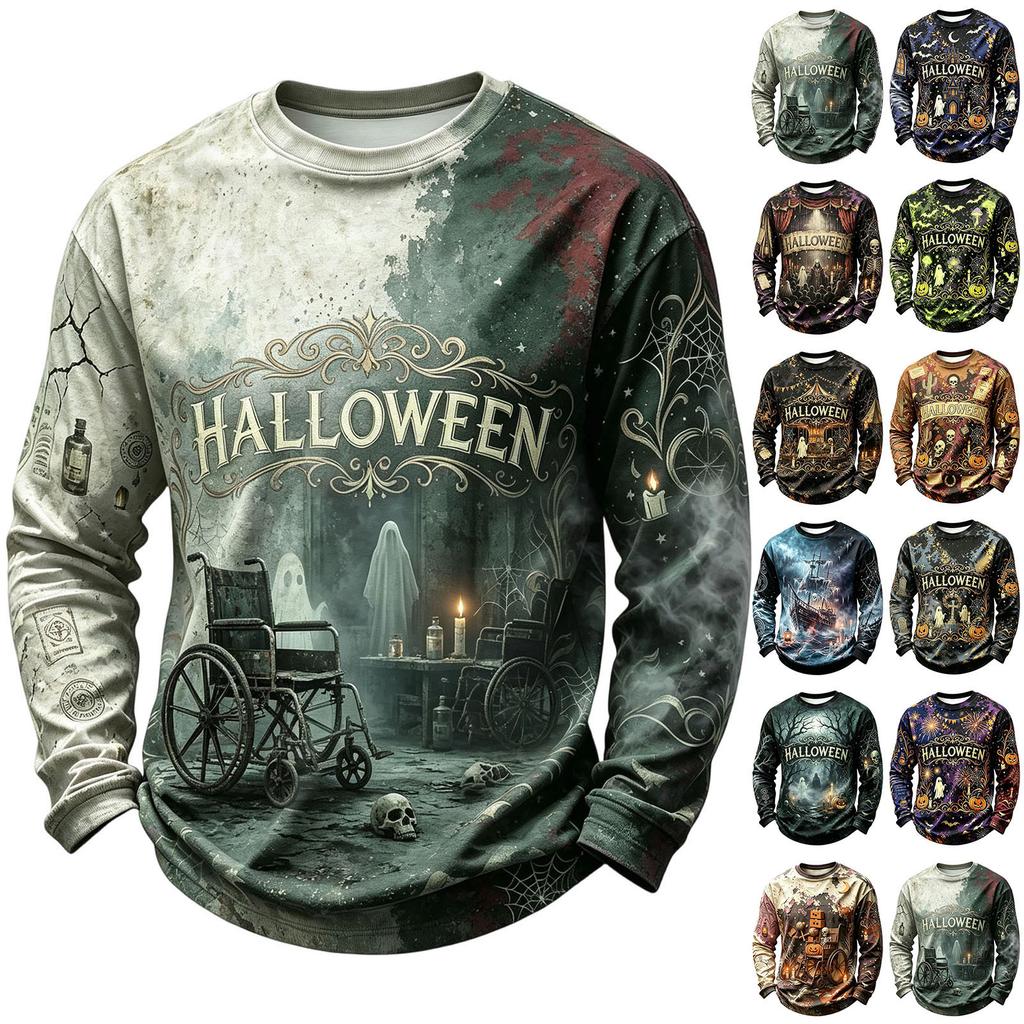 Men's Casual Knit Long Sleeve Neck T-Shirt with Halloween Print