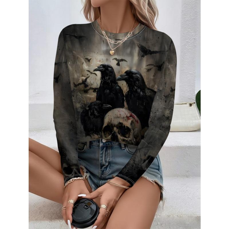Round Neck 3D Skull Printed Top Casual Long Sleeved Women's T-shirts - Soft Medium Stretch Polyester Fabric Spring and Autumn Relaxed Fit Clothing