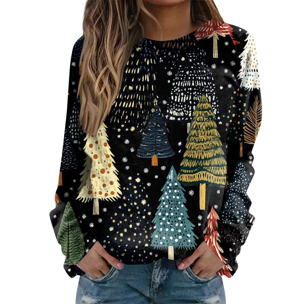 Women's Fashion Casual Long Sleeve Christmas Printed Neck Sweatshirt Top