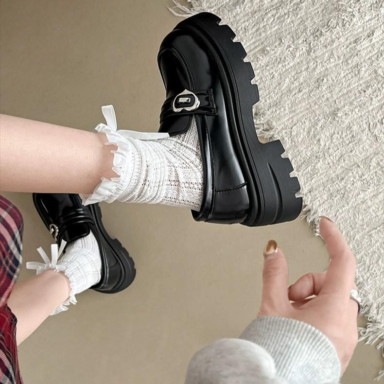 Black French retro thick heel platform small leather shoes women's 2025 new autumn and winter British style one-pedal loafers