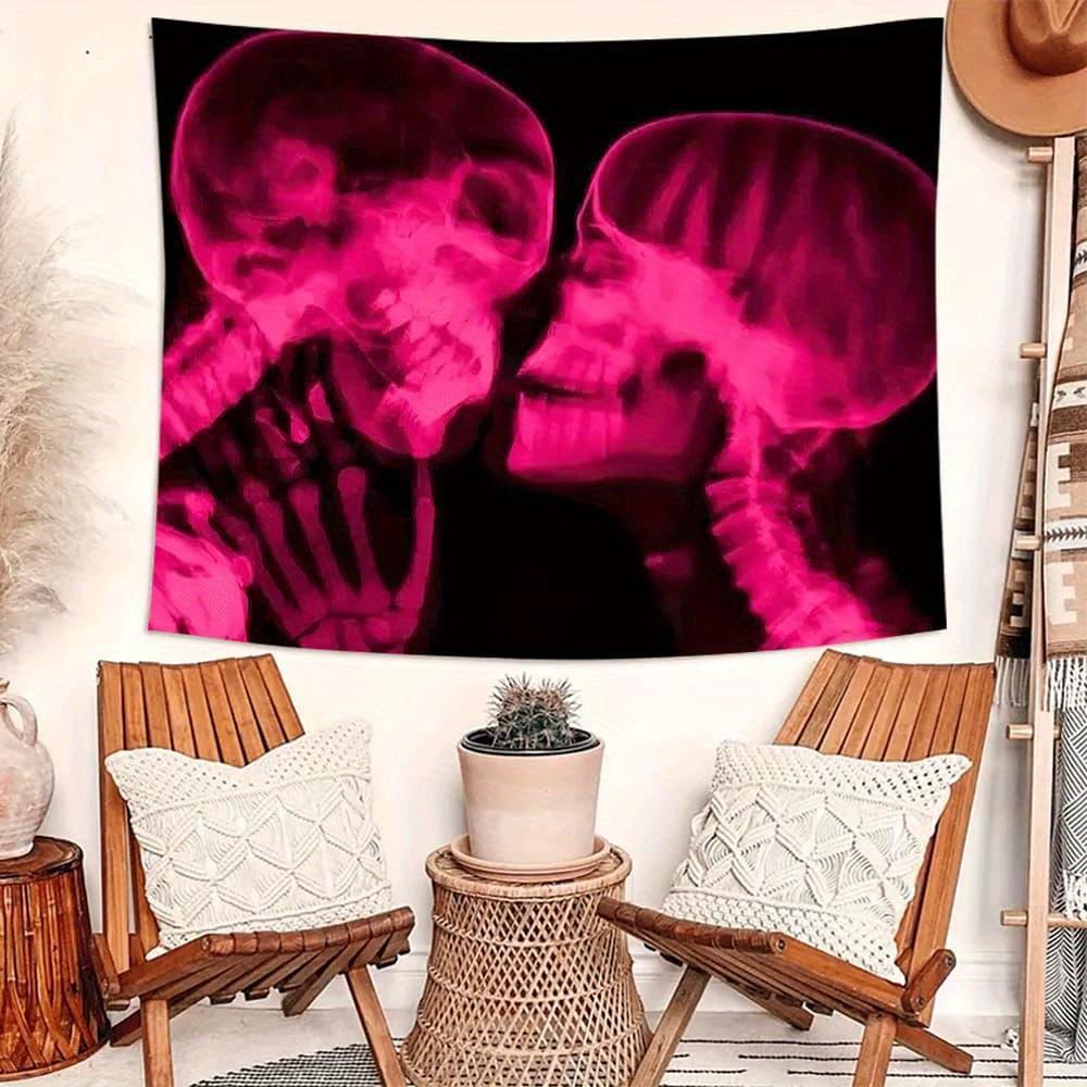 1 Pink X Ray Skeleton Kiss Tapestry 2D Single Print Edgy Durable Tapestry Home Bedroom Dorm Apartment Gothic Romantic Vibe Decor