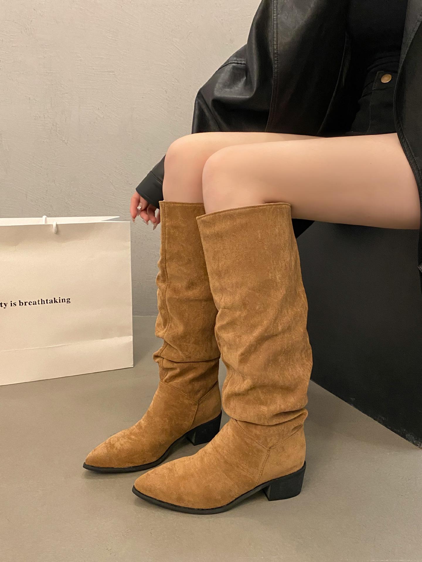 

Pointed high-heeled khaki stacking boots women s shoes new spring and autumn winter thin long knight boots 40 хакі