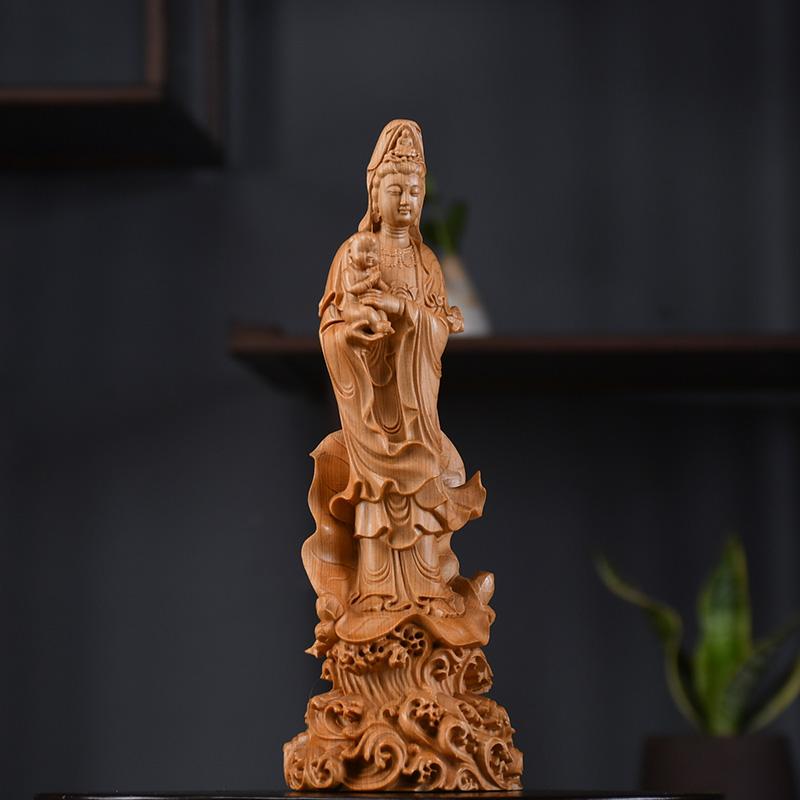 Natural Cypress Sending Son Guanyin Statue - Chinese Buddhist Character Statue Solid Wood Carving Feng Shui Room Ornaments 21cm