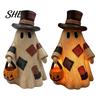 Artigianato Stagionale in Stile Rustico Statuetta Fantasma in Resina Patchwork Illuminata con Lanterna Zucca, Statuette Rustiche Halloween Retro Lampada da Tavolo, Vintage