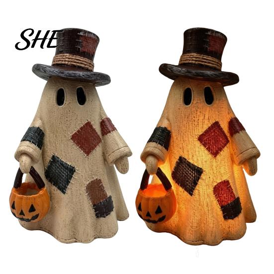 Artigianato Stagionale in Stile Rustico Statuetta Fantasma in Resina Patchwork Illuminata con Lanterna Zucca, Statuette Rustiche Halloween Retro Lampada da Tavolo, Vintage