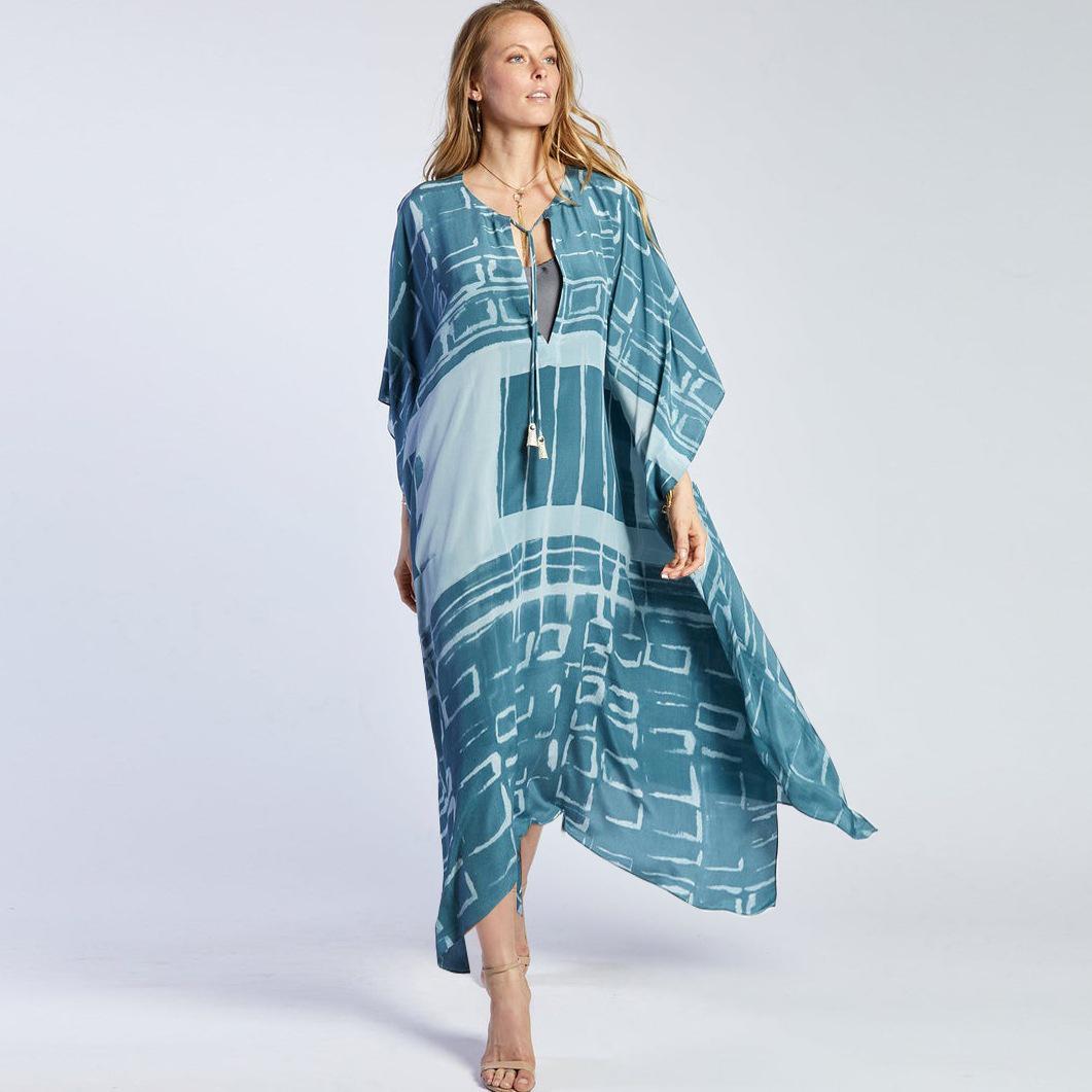 

Полиэстеровое праздничное пляжное парео-халат 8636 One Size серо голубой