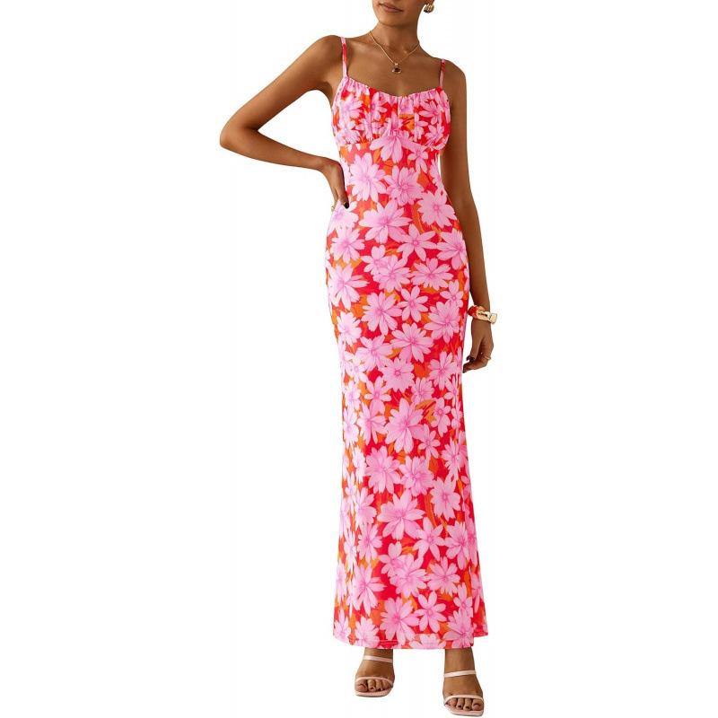 European and American elegant floral slim-fitting sleeveless dress women s 2026 summer new beach suspender skirt S
