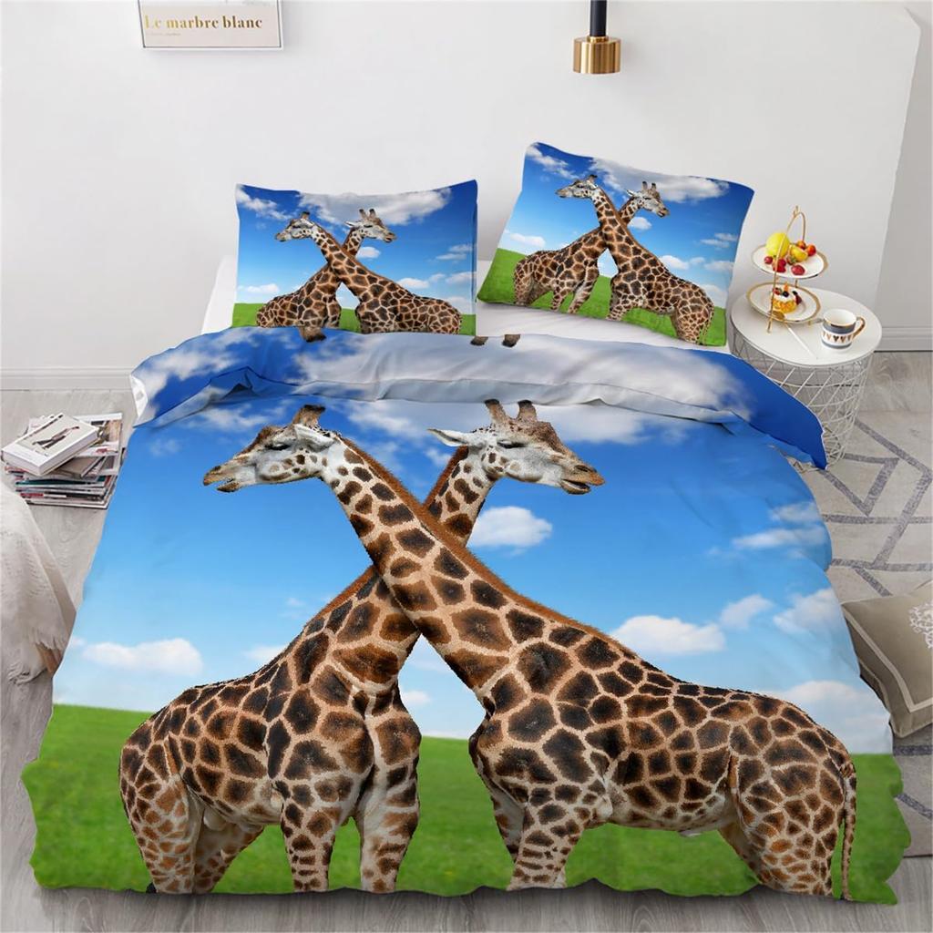 3D Giraffe Duvet Cover 2Pcs Reversible Giraffe Bedding Set, Soft Easy Care Microfiber Comforter Quilt Cover With Zipper Closure