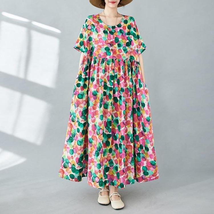 Vintage Blumen Baumwollkleid in Übergröße für Damen Lässig Locker Lang Sommer Kurzarm Neu