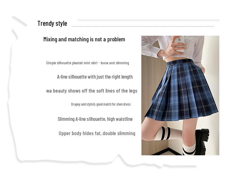 Women's Blue Plaid A-Line High Waist Pleated Skirt - College Style, Plus Size, Short Length for Spring & Autumn