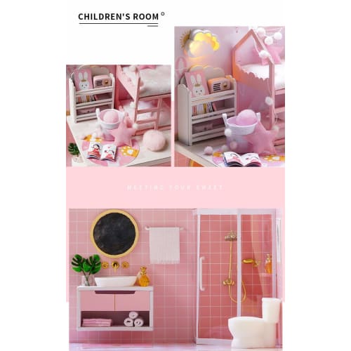 moin moin Dollhouse Miniature DIY Kit Set [English Instructions] Two-Story Dream House, Modern Style | Kids' Room, Bunny, Fancy | 1/24 Scale Medium |