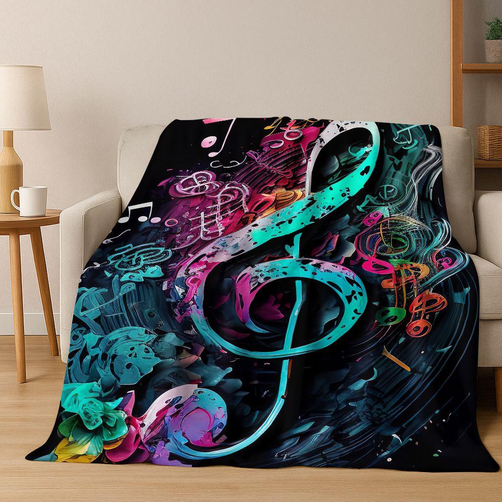 Tanzende Musik Musikalische Note Instrument Cartoon Flanell Decke, Gemütliche Weiche Überwurfdecke für Zuhause Schlafzimmer Bett Sofa Abdeckung Geschenk Kind