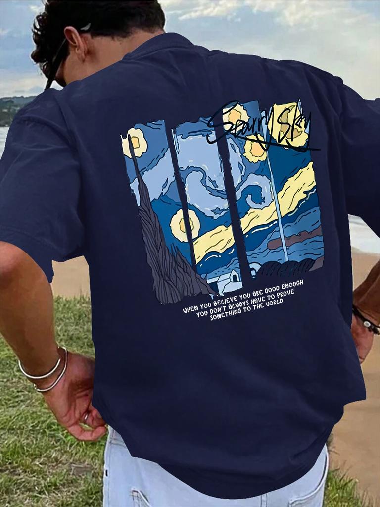 Men'S Summer Fashion Casual T-Shirt, Geometric Night Print, Crew Neck, Knit Fabric