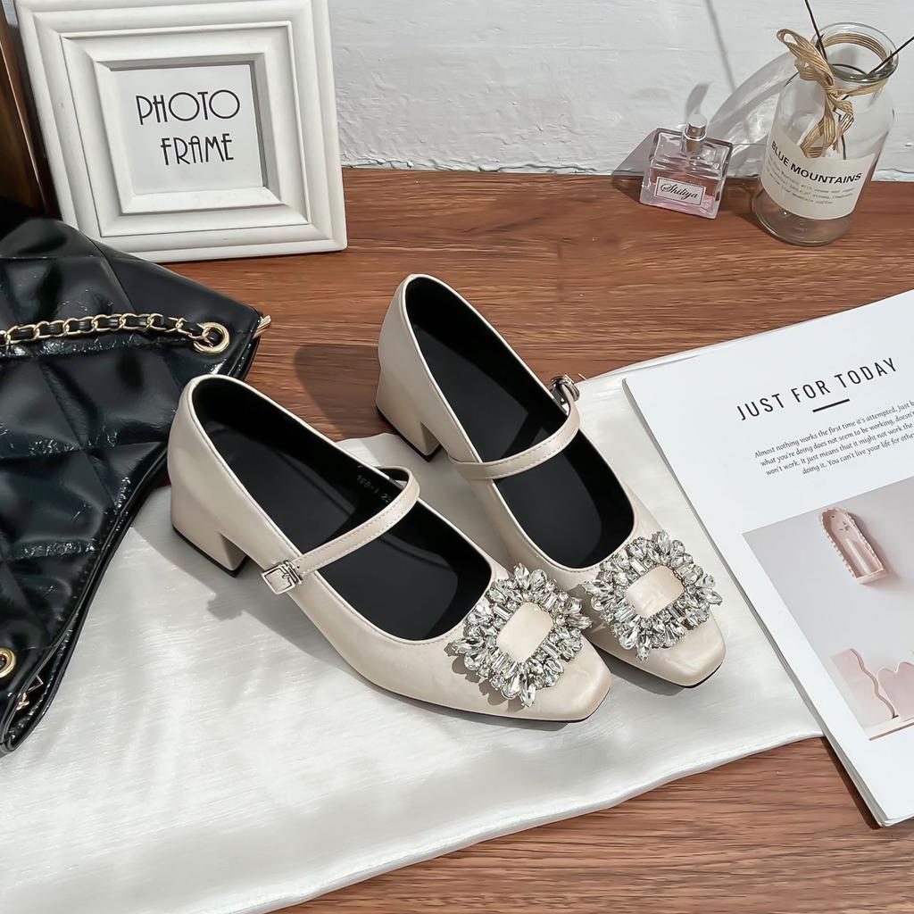 Grape Mother Spring New Mary Jane Shoes Women's Rhinestone Square Buckle Shallow Mouth Single Shoes Women's 2025 Light Luxury High Heels Women