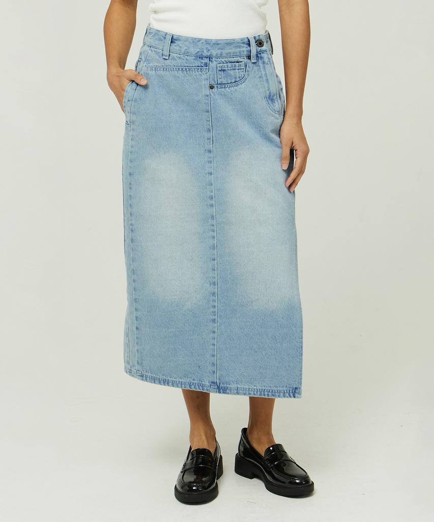 MAGOODGAN Ronas 7997 Bleach Wash Light Indigo Denim Long Skirt