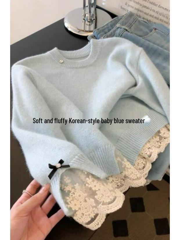 

Korean-Style Cute Milky Sweet Lace Trim Sweater Top for Women - Soft, Cozy Autumn/Winter Base Layer синий