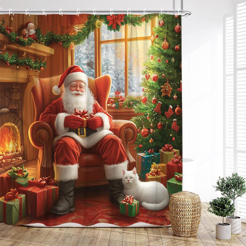 Cute Christmas Snowman Shower Curtain Winter Forest Xmas House Cedar New Year Home Bathroom Decoration Bath Curtains With Hooks